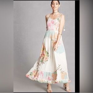 Pastel Floral Tie-Shoulder Maxi Dress in White and Pink